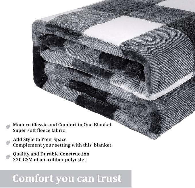 PiccoCasa Plaid Flannel Fleece Throw Blanket, Buffalo Checkered Soft Blankets and Throws, Plush Lightweight Decors Blanket for Couch Sofa Traveling, 50" x 60", White and Black Tartan