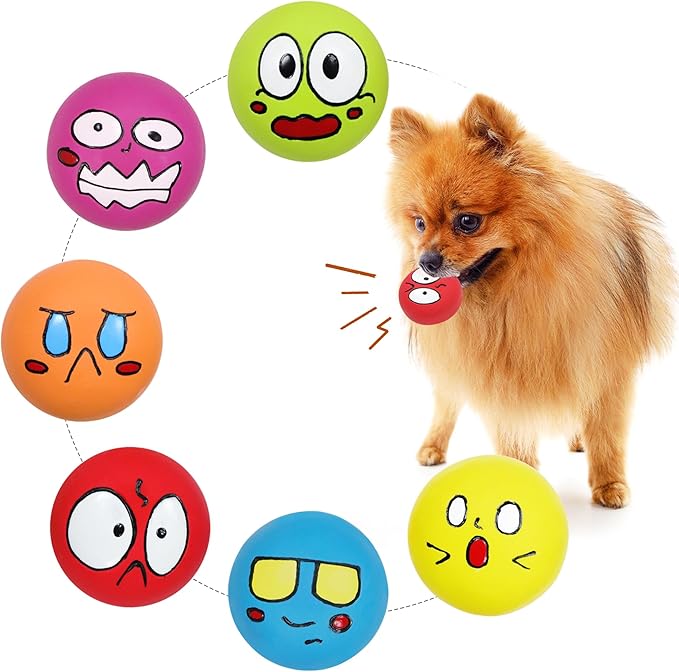 Latex Dog Squeaky Toys Balls for Teething Puppies, Small, Medium Dogs, 6 Pcs Bouncy Cute Face Pet Dog Toys