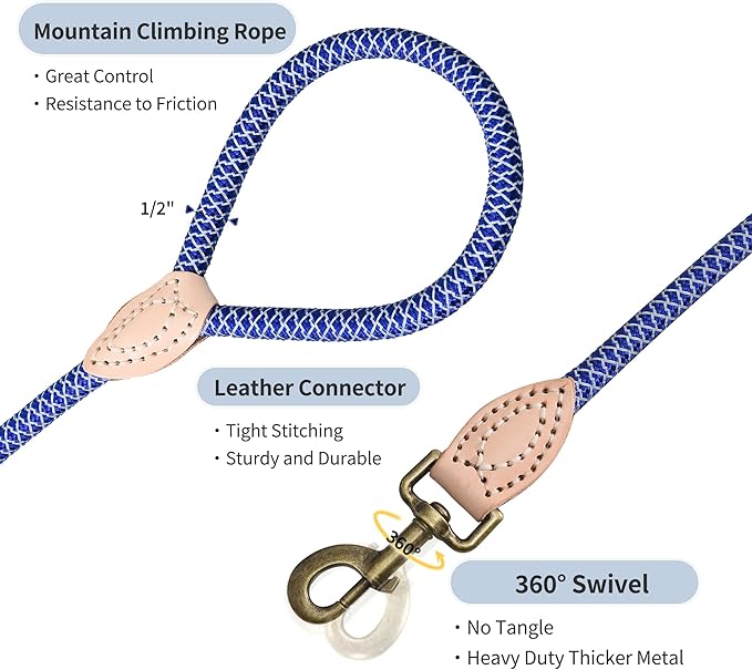 Mile High Life Reflective Dog Leash, Strong Nylon Dog Rope Heavy Duty Dog Training Leashes for Small Medium Large Dogs, Heavy Duty Climbing Rope Dog Leash w Leather Tip(Blue, 60 Inch)
