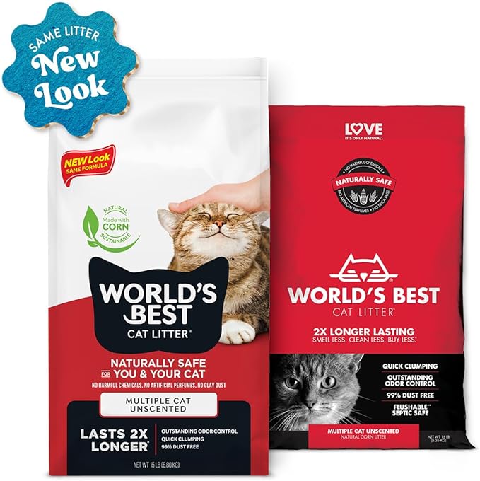 WORLD'S BEST CAT LITTER Multiple Cat Unscented, 8-Pounds - Natural Ingredients, Quick Clumping, Flushable, 99% Dust Free & Made in USA - Long-Lasting Odor Control & Easy Scooping