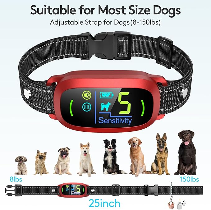 Dog Bark Collar for Large Medium Small Dogs, Rechargeable Smart Bark Collar, Anti Barking Training Collar with 5 Adjustable Sensitivity Beep Vibration (Red)