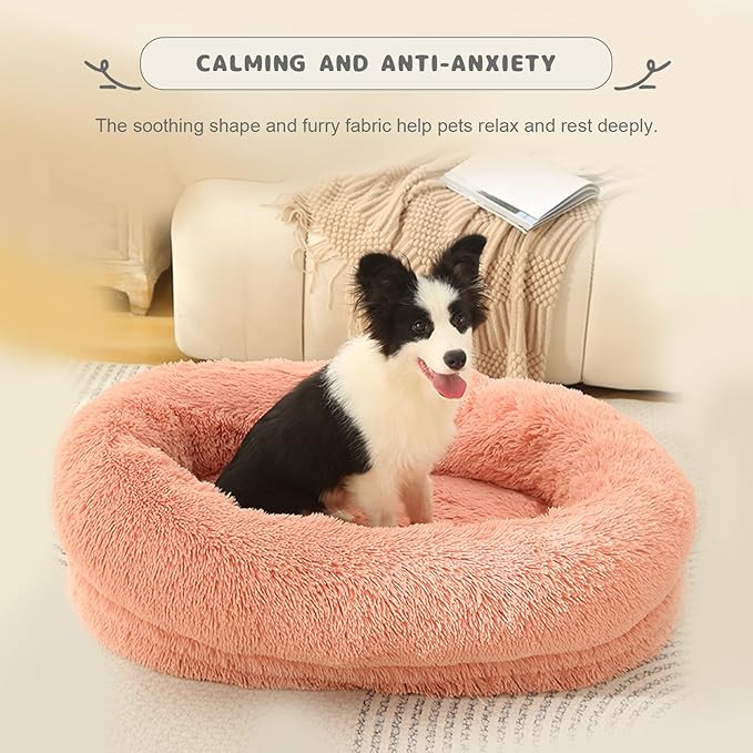 Calming Dog & Cat Bed - Washable Cover, Anti-Anxiety Donut Cuddler, Warming Cozy Soft Round Bed for Small Dogs & Cats (Pink, 24inch)
