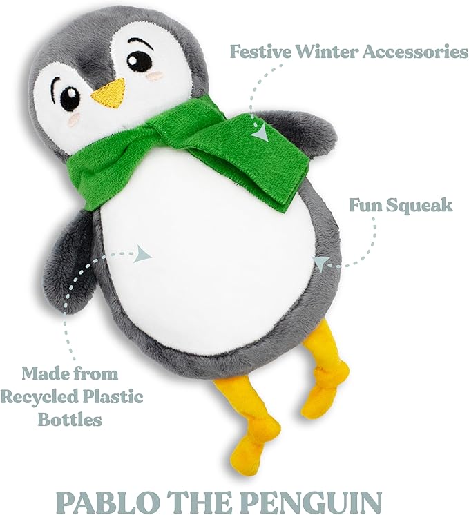 Holiday Collection Dog Toys | Medium Sized Pablo The Penguin | Cute, Durable, & Sustainable Plush Chew Toys for Dogs | Festive Stocking Stuffer Gift