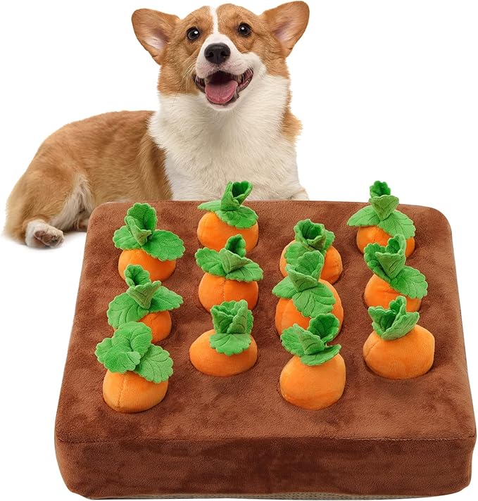 Interactive Dog Toys,Carrot Snuffle Mat for Dogs Plush Puzzle Toys 2 in 1 Non-Slip Nosework Feed Games Pet Stress Relief with 12 Carrots