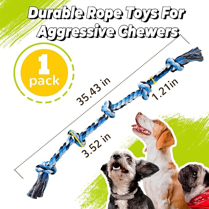 Large Dog Rope Toy for Aggressive Chewers, 3 Feet 5 Knots Heavy Duty Chew Toys for Teeth Cleaning, Cotton Rope Dog Tug Toy