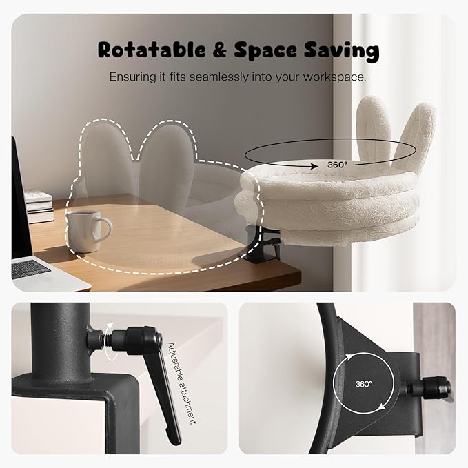 360° Rotation Cat Desk Bed, Cat Hammock Bed with Soft Rabbit Ear Cushion, Desktop Elevated Cats Beds with Metal Frames, Cats Desk Perch for Table, White