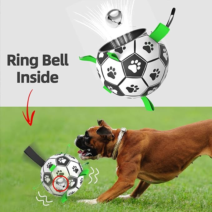 QDAN Dog Soccer Balls Toy with Bell Inside, Outdoor Interactive Toys for Tug of War, Puppy Birthday Gifts, Water Toy, Durable Ropes Squeaky Ball for Small Medium Dogs (6 INCH)