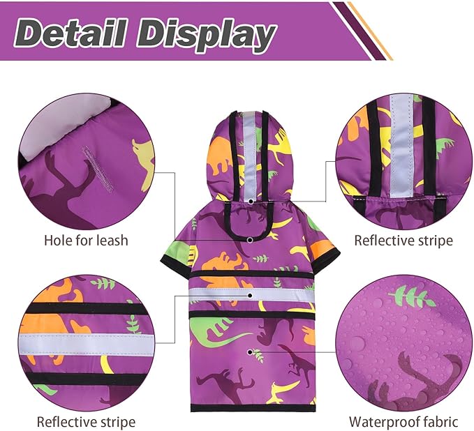 KOOLTAIL Dog Raincoat Hooded Slicker Poncho with leash hole, DRaincoat for Small Medium Dogs, Waterproof Doggie Rain Jacket with Reflective Strip, Adjustable Breathable Puppy Rainwear-Dinosaur Cartoon