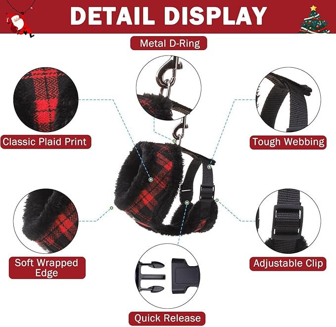 SCENEREAL Small Dog Harness Collar and Leash Set, Warm Fleece No Pull Puppy Vest Harness, Christmas Dog Outfit No Chock Adjustible Step in Pet Halter for Outdoor Walking Training, Red Plaid M