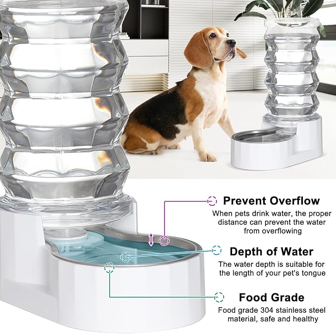 8L Automatic Pet Waterer, 100% BPA Free, Stainless Steel Gravity Feeder, Convenient Drinking Water Dispenser Designed for Dogs and Cats (White, 8L)