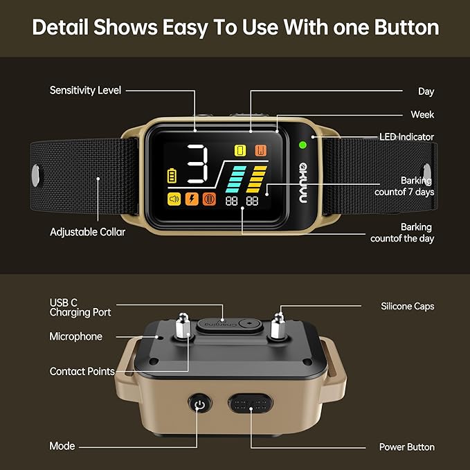 Bark Collar-Rechargeable Smart Barking Collar- Anti Bark Training Collar with Adjustable Sensitivity Beep Vibration Shock- Bark Shock Collar for Small Large Medium Dogs