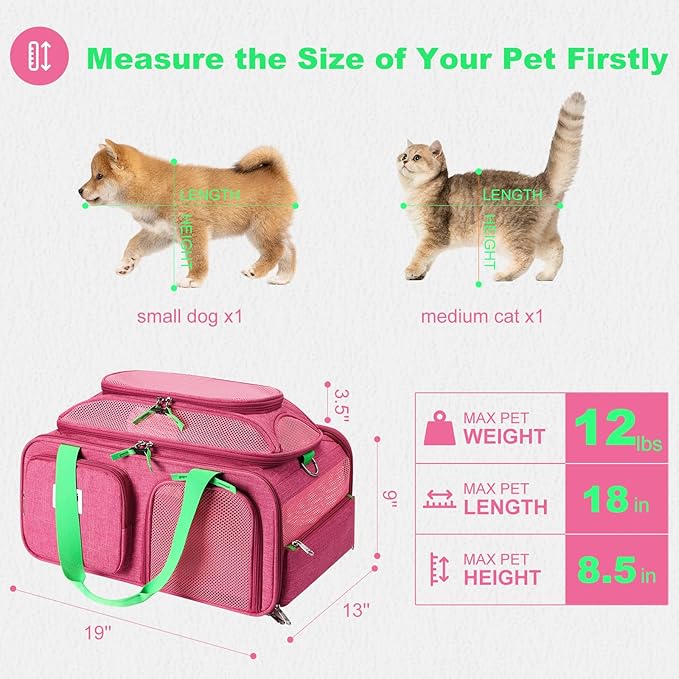 19x13x9 TSA Approved top Expandable pet Carrier for Small Dog Puppy cat up to 12 lbs Weight and 18'' Length, for Southwest Spirit Canada Airlines(Pink)