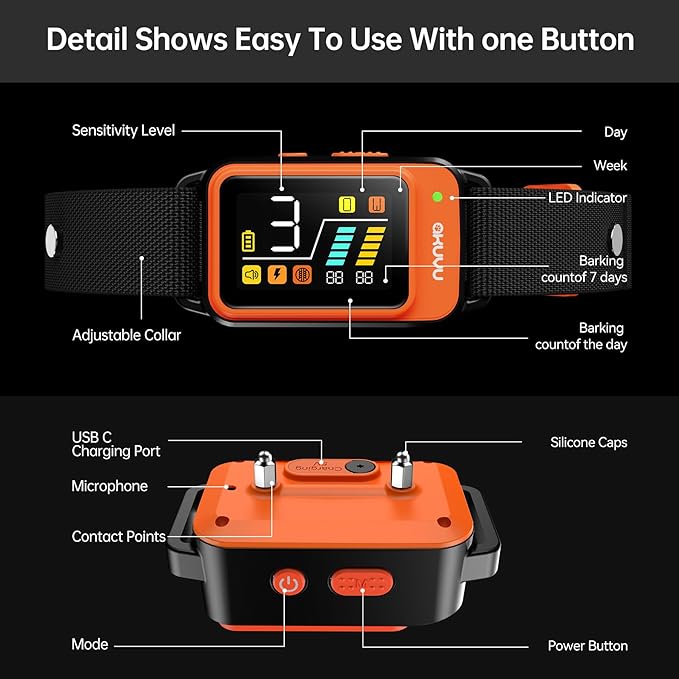 Dog Bark Collar-Rechargeable Smart Barking Collar- Anti Bark Training Collar with Adjustable Sensitivity Beep Vibration Shock- Bark Shock Collar for Small Large Medium Dogs