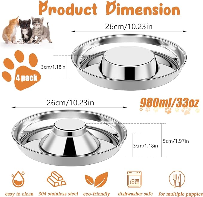 4 Pack Stainless Steel Puppy Bowls, Puppy Feeding Bowls for Litter, 10.2" Metal Dog Food and Water Bowl Set for Small Dogs Cats, Puppys Feeders for Multiple Puppies Kittens, Whelping Supplies