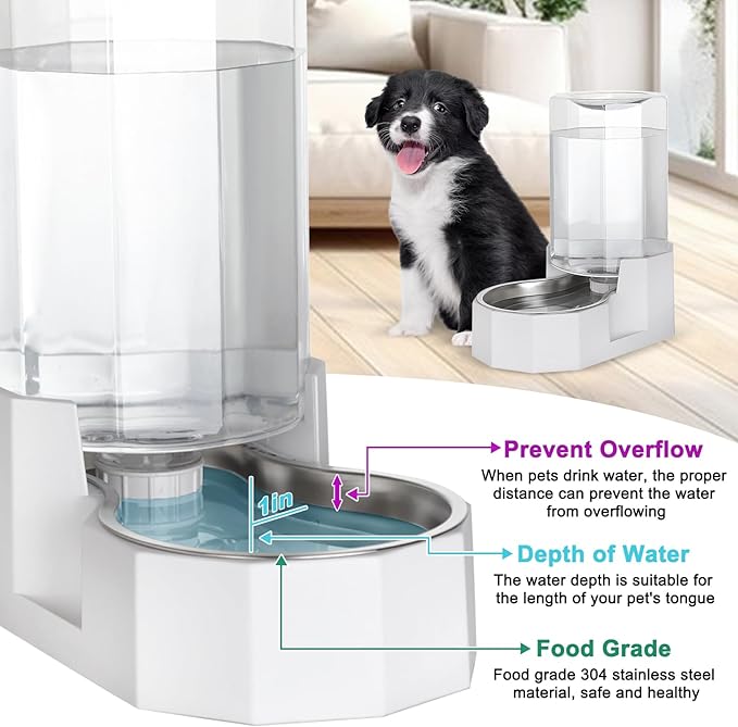 Automatic Pet Water Dispenser with Stainless Steel Bowl, Gravity Waterer, Angular Water Feeder for Small to Large Dogs and Cats (White, 6L Without Filter)