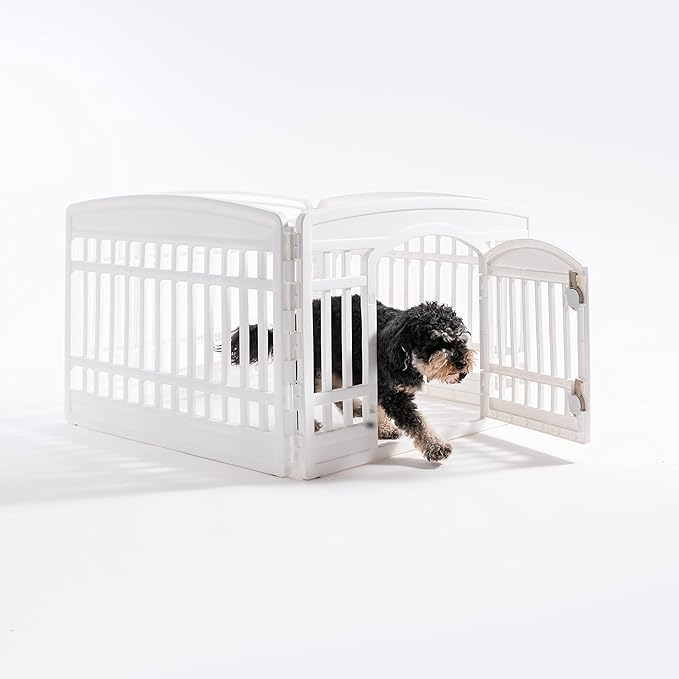 IRIS USA 24" 4-Panel Pet Dog Puppy Playpen with Door, for Puppies and Small Dogs, Keep Pets Secure, Easy Assemble, Fold It Down, Easy Storing, Customizable, White
