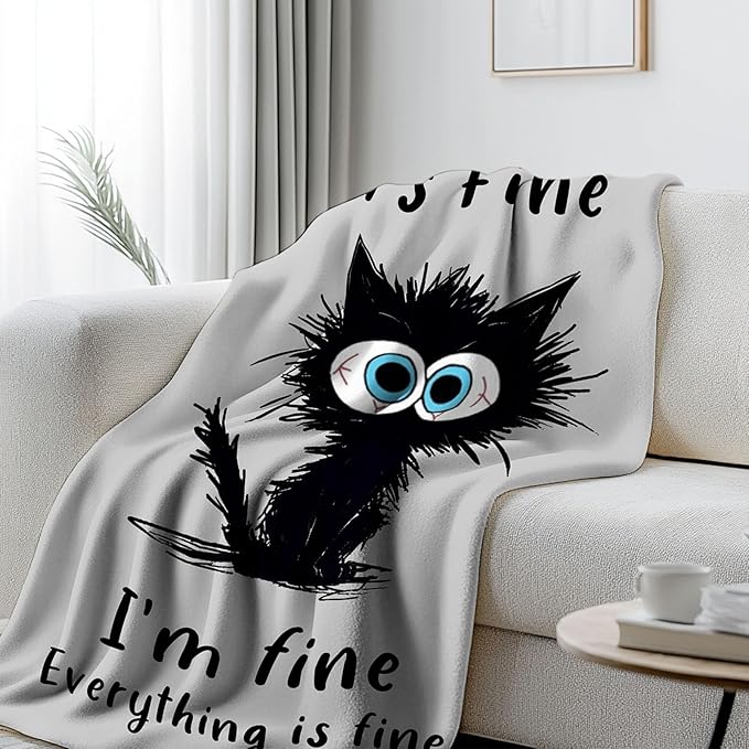 Funny Black Cat Blanket 50"x60", Birthday Gifts for Cat Lovers, Ideal Funny Cats Themed Gifts for Women, I’m Fine Blanket for Sofa Counch Room