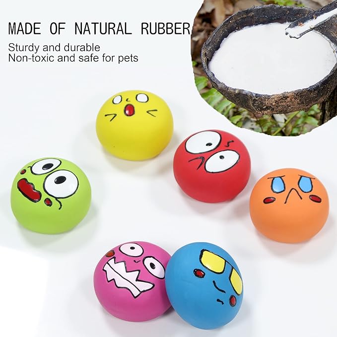 Latex Dog Squeaky Toys Balls for Teething Puppies, Small, Medium Dogs, 6 Pcs Bouncy Cute Face Pet Dog Toys