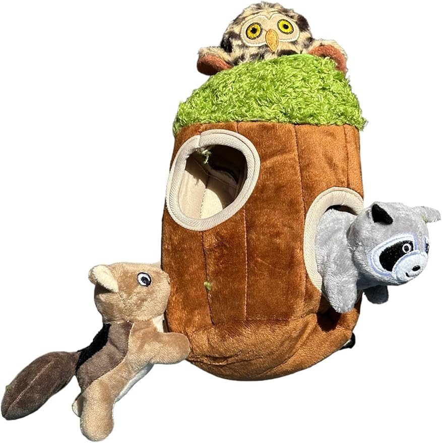 Interactive Animal in Tree Hide & Seek Toy, Plush Squirrel, Raccoon & Owl Inside, Small & Medium Dogs