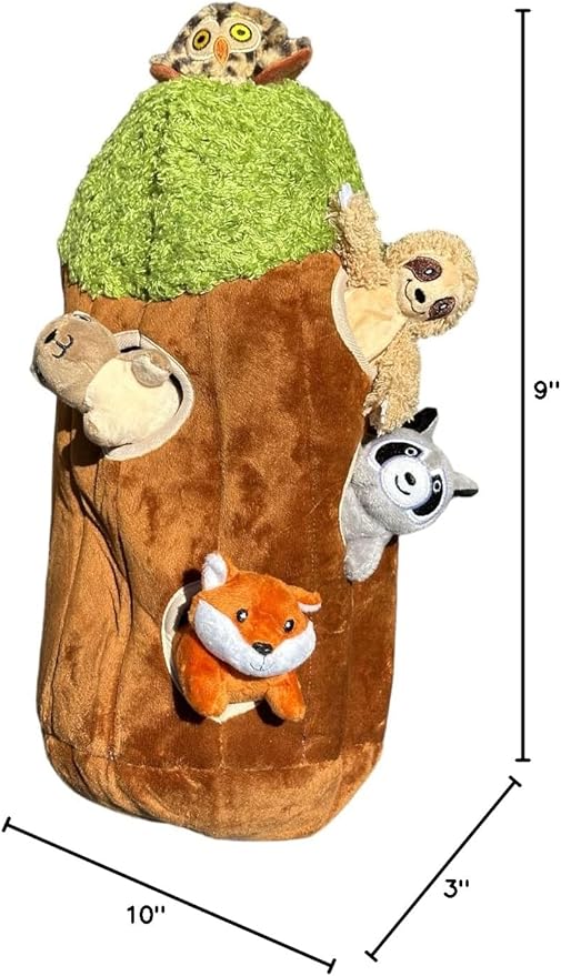 Raccoon in Tree Hide and Seek Dog Toy for Small and Medium Size Dogs, Plush Squirrel Inside Trunk Dog Toy with Squeaker, Interactive Burrow Dog Toy (Large Tree with Raccoon, Fox, Sloth, Squirrel, Owl)