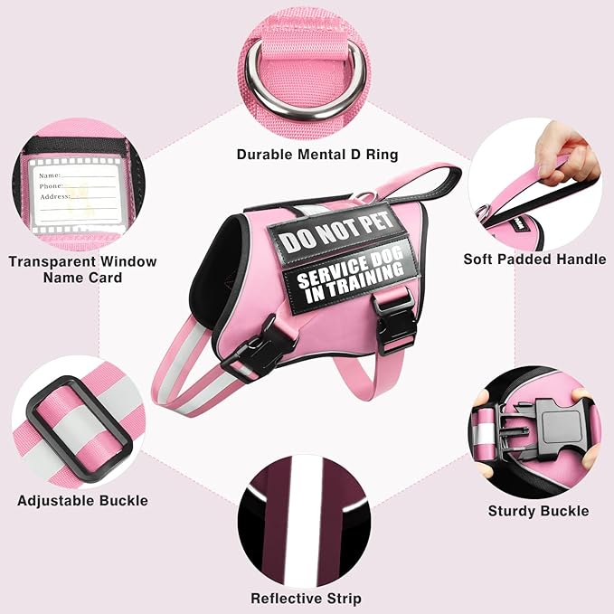 Service Dog Harness and Leash Set, Training Dog Vest with 10 Dog Patches, Emotional Support Therapy Dog Vest Harness for Small Medium Large and Extra Large Dogs(Pink, L)