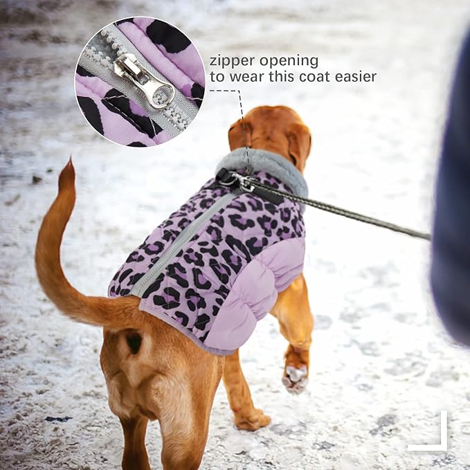 FUAMEY Dog Winter Coat - Cold Weather Jacket with Zipper, Built-in Harness, Padded Vest, Water Resistant, Reflective - Purple Leopard, S, M, L
