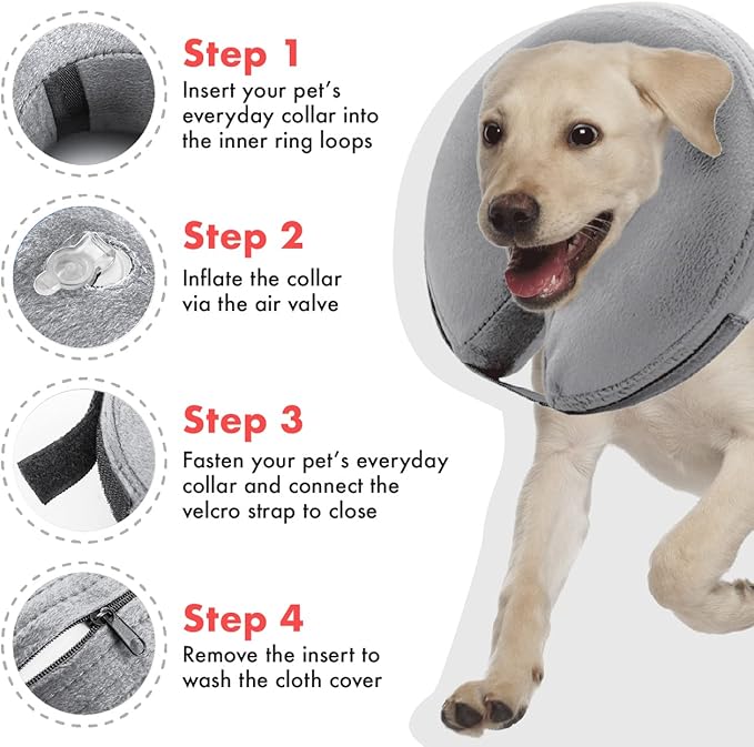 E-KOMG Dog Cone After Surgery, Protective Inflatable Collar, Blow Up Dog Collar, Pet Recovery Collar for Dogs and Cats Soft (Medium(8"-12"), Grey)
