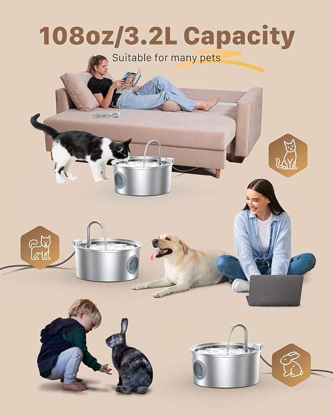 Cat Water Fountain Stainless Steel: Cat Fountain for Drinking - 108oz/3.2L Pet Water Fountain for Cats Indoor - Quiet Water Fountain for Cats - Faucet Pet Fountain - Contains 8 Filters + 8 Sponges