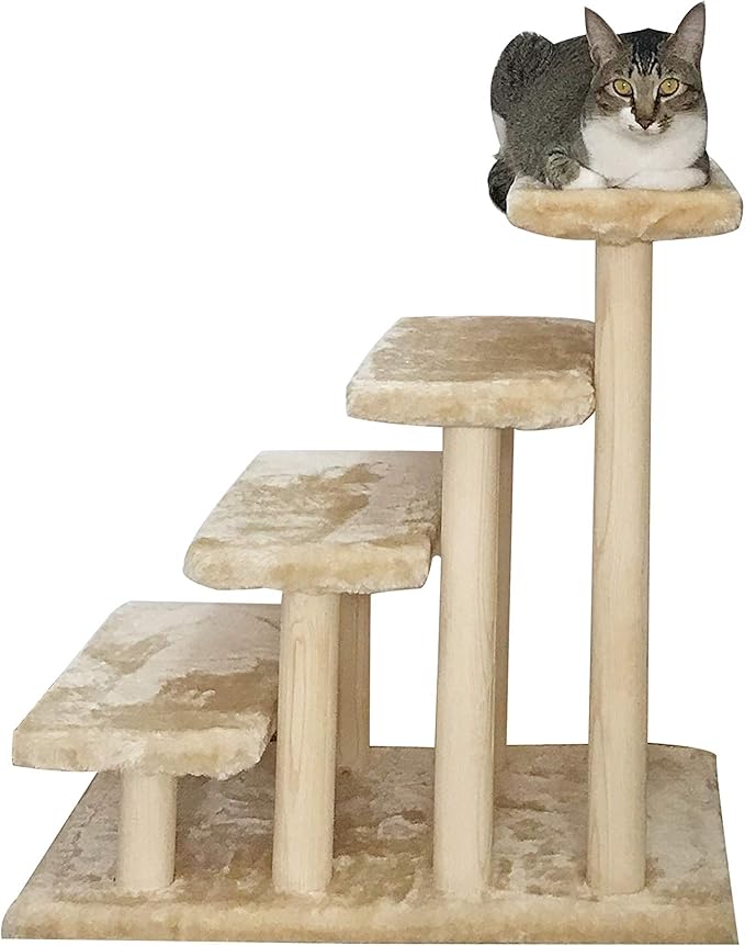 Wooden pet Stairs 4-Step pet Ladder cat Dog Easy Stairs with Detachable Carpet for high Bed and Couch (Beige)