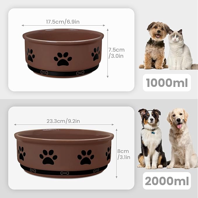 KPWACD Ceramic Pet Bowl for Dogs and Cats, Weighted Non-Slip Dog Bowls Food and Water Dish, Durable Pets Feeding Bowls Suitable for Small, Medium, and Large Dogs, Brown, 70 Oz