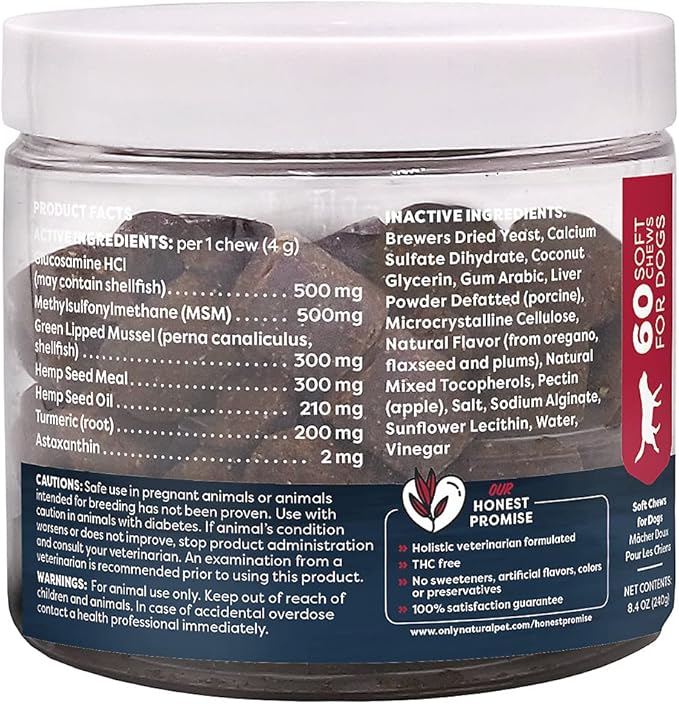 Only Natural Pet Hemp Advanced Mobility Support for Dogs Holistic Wellness Hip Bone Joint Health - Inflammatory Function Relieves Pain Stiffness Green Lipped Mussels Turmeric (HA) 60 Count