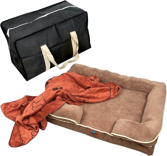-kit Orthopedic Dog Bed with Blanket - Waterproof - Washable Cover and Memory Foam Dog Bed Cama para Perros Small Size Brown.