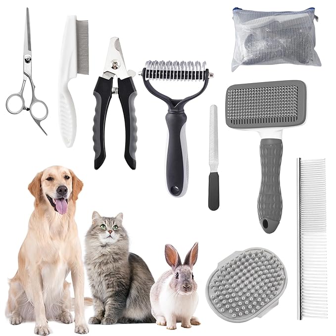 Dog Brush for Shedding,9 PCS in One Pet Slicker Hair Brush Kit with Pet Nail Clipper and File - Dog Cat Grooming Deshedding Undercoat Rake Brush Comb for All Small Large Dogs Cats Grey