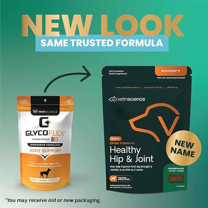 VetriScience Glycoflex 3 Clinically Proven Hip and Joint Support Supplement for Small Dogs - Maximum Strength Dog Supplement with Glucosamine, MSM, Green Lipped Mussel & DMG - 60 Chews,Chicken Flavor
