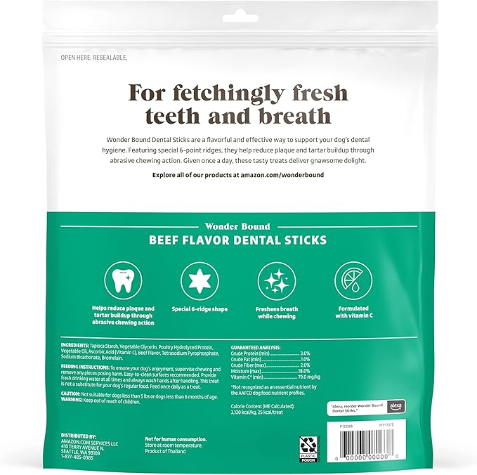Wonder Bound Beef Flavor Dental Sticks for Tiny Dogs (5-20 lbs), 6-Ridge Shape for Plaque & Tartar Control, Freshens Breath, Formulated with Vitamin C, 108 Count