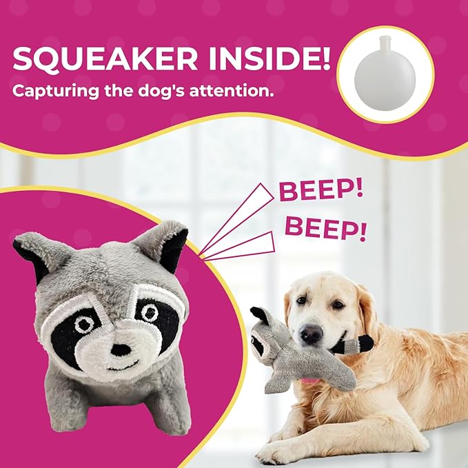 Hide and Seek Dog Toy, Plush Raccoon in Tree, Interactive Burrow, Squeaky, Woodland Style, Mental Stimulation, Fetch Fun, Replacement Toys, Medium Size, 4-Pack, Grey (Raccoon in Tree Medium)