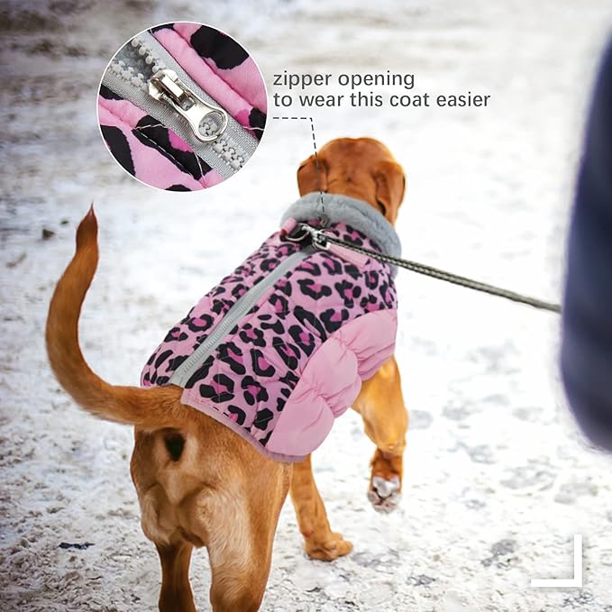FUAMEY Dog Winter Coat - Dog Jacket with Zipper, Built-in Harness, Padded Vest, Water Resistant, Reflective - Pink Leopard, S, M, L