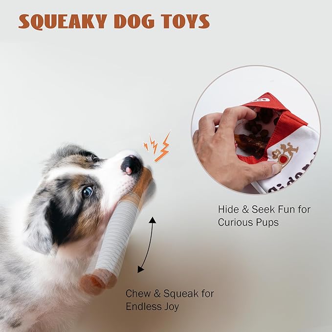 Nocciola 3 Packs Squeaky Puff Stick Toys with a Box, Funny Interactive Plush Dog Toys, Pitbull Husky Frenchie Pug Stuffed Puppy Toys for Small to Medium Breed, Dog Accessories Boy Gift