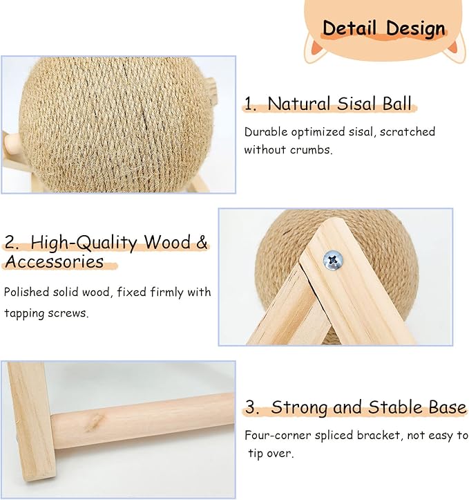 BNOSDM Rabbit Scratch Toy Wooden Natural Sisal Rope Rabbit Scratching Toy Ball Bunny Scratcher with Ball for Rabbits Bunnies Ferrets Kittens Small Animals (Medium)