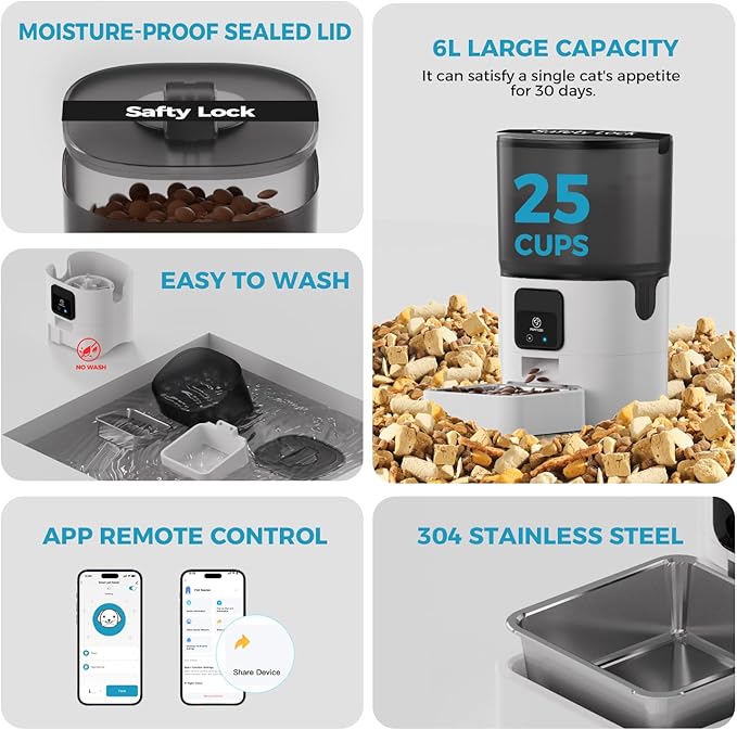 5G WiFi Automatic Cat Feeders: Smart Automatic Cat Food Dispenser with Slow Feeding Mode, Detachable for Easy Cleaning, Pet Feeder with Alexa, 1-30 Meals Per Day for Multiple Pets (6L/25 Cup)