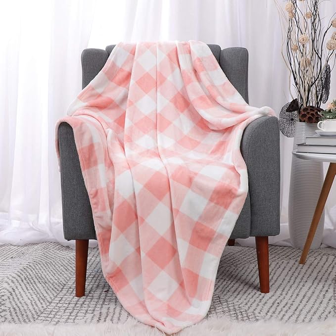 PiccoCasa Plaid Flannel Fleece Throw Blanket, Buffalo Checkered Soft Blankets and Throws, Plush Lightweight Decors Blanket for Couch Sofa Traveling, 50" x 60", Pink and White Tartan