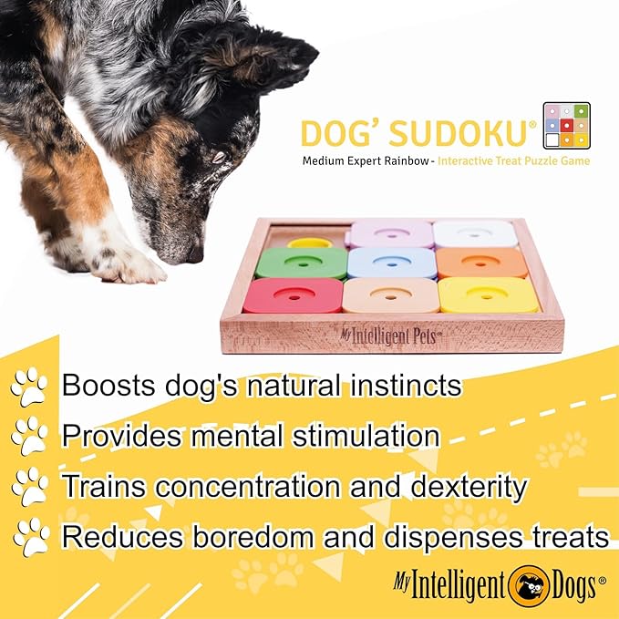 Interactive Sudoku Puzzle for Medium Dogs and Cats - Expert Brain Pet Toy - 9 Treat-Hiding Holes, Medium Wood and Plastic Design