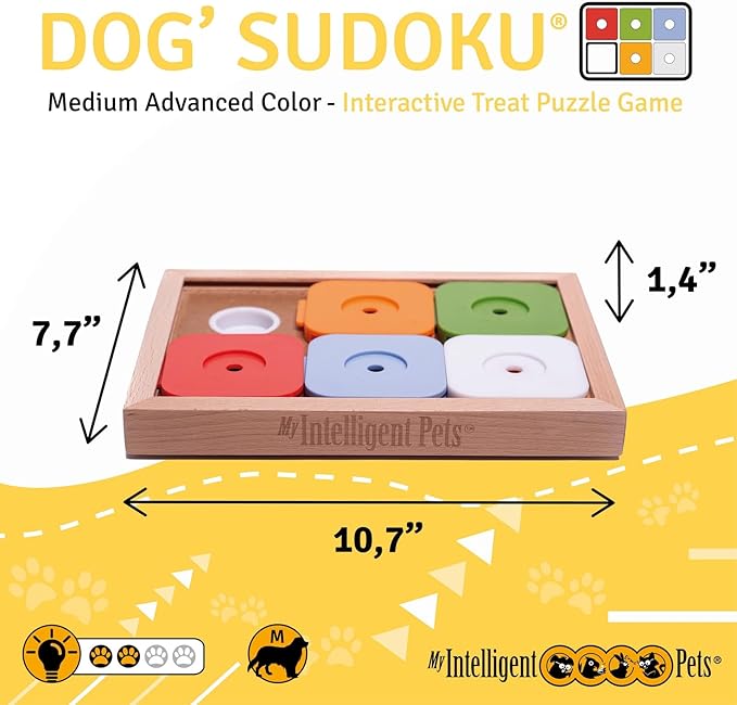 Interactive Sudoku Puzzle for Small Dogs and Cats - Advanced Brain Pet Toy - 6 Treat-Hiding Holes, Medium Wood and Plastic Design