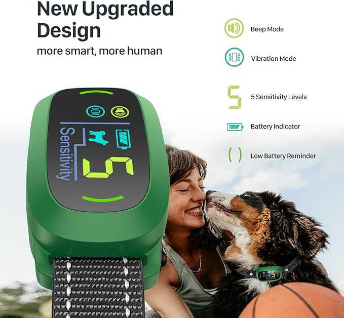 Bark Collar, Rechargeable Dog Bark Collar with 5 Adjustable Sensitivity and Intensity Beep Vibration, Anti Barking Collar for Small Medium Large Breed Dogs (Green)