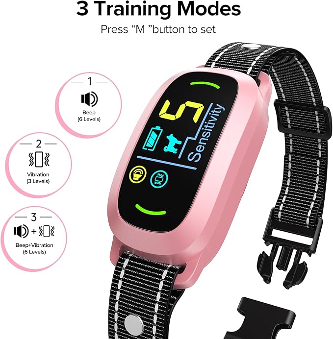 Dog Bark Collar, Rechargeable Smart Collar, Anti Barking Training Collar with 5 Adjustable Sensitivity Beep Vibration, Bark Collar for Large Medium Small Dogs (Pink)