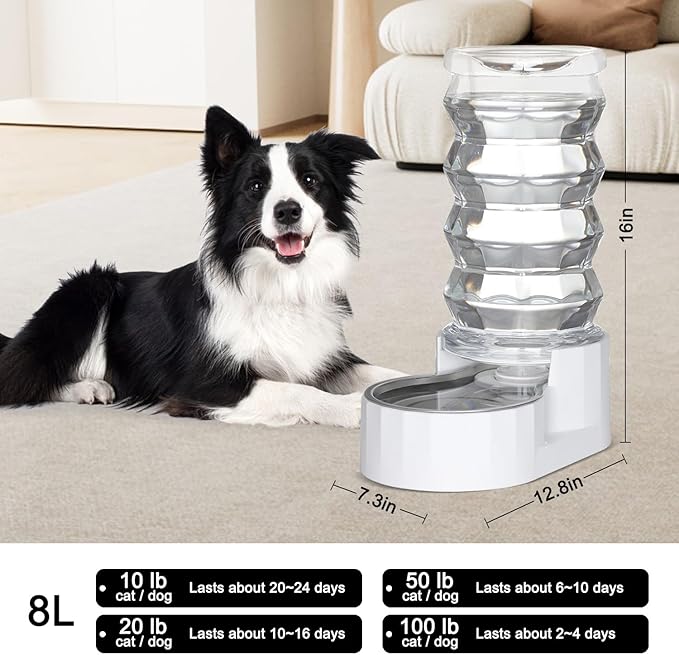 8L Automatic Pet Waterer, 100% BPA Free, Stainless Steel Gravity Feeder, Convenient Drinking Water Dispenser Designed for Dogs and Cats (White, 8L)