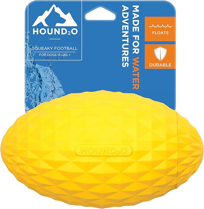 Hound2O Outdoor Dog Toys - Squeaky Football, Yellow - Tough, Engaging, Interactive Toy for All Breeds- Chew, Chase, & Fetch - Durable Non-Toxic Materials That Float - Easy to Clean for Outdoor Play