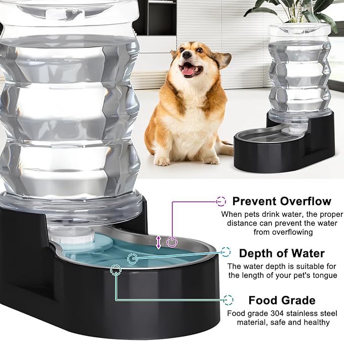 6L Automatic Pet Waterer, 100% BPA Free, Stainless Steel Gravity Feeder, Convenient Drinking Water Dispenser Designed for Dogs and Cats (Black, 6L)