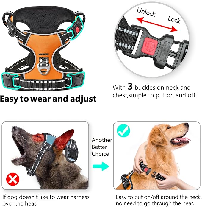 Timos Dog Harness Small Sized, No Pull with Neck Lockable Snap,No Choke Front Clip Dog Reflective Harness,Adjustable Metal Rings 3 Buckles,Easy Control Handle for Small Dogs Orange XS