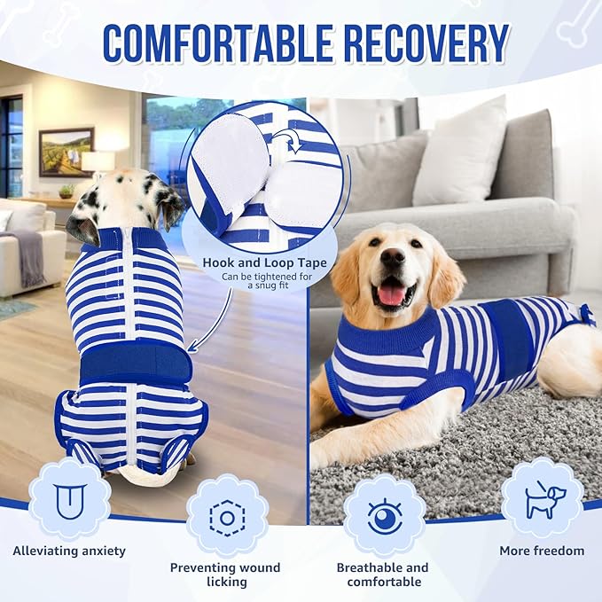 Lukovee Recovery Suit for Dogs - Zipper Onesie for Female & Male Dogs, Abdominal Wounds Cone E-Collar Alternative, Prevent Licking - Spay Recovery Suit (Small, Blue & White)